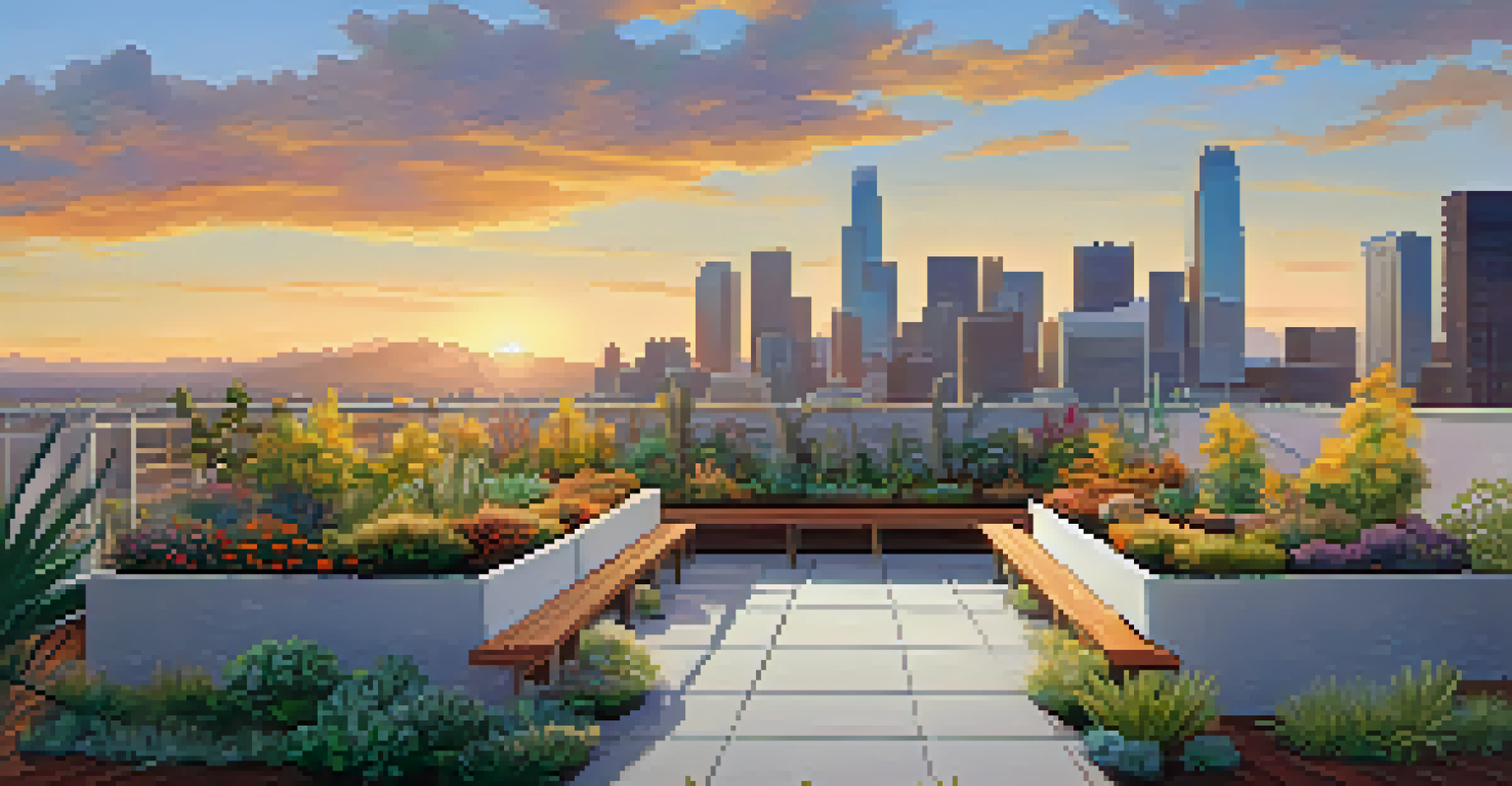 A rooftop garden in Los Angeles with native plants and seating, overlooking the city skyline at sunset.