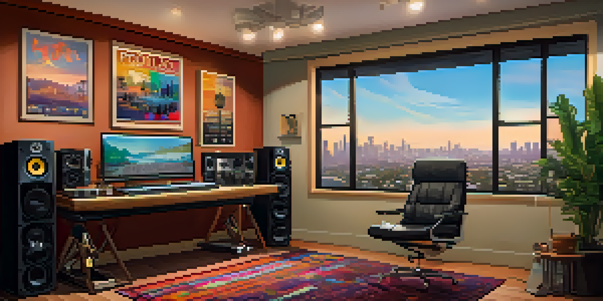 A cozy podcast recording studio with microphones and laptops, showcasing a view of palm trees and the LA skyline.