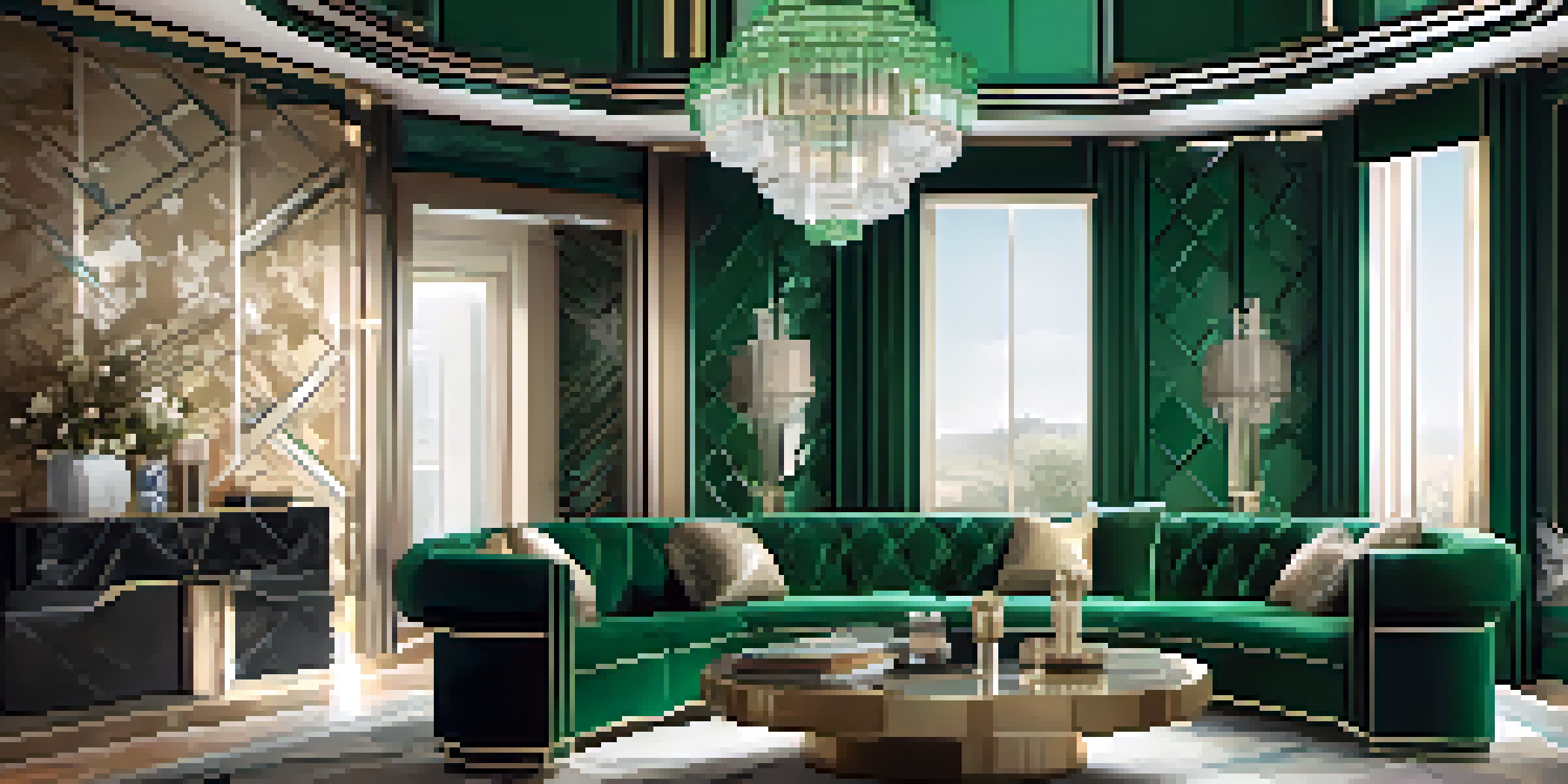 A luxurious living room designed in Art Deco style, showcasing bold geometric wallpaper, an emerald green velvet sofa, and a crystal chandelier, all with chrome and glass accents.