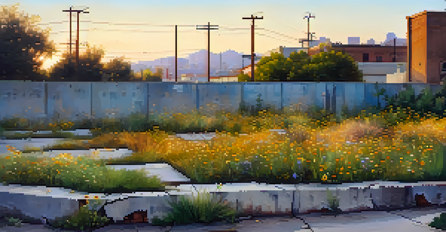An abandoned lot filled with wildflowers growing among cracked concrete and rusty metal, illuminated by golden hour light.