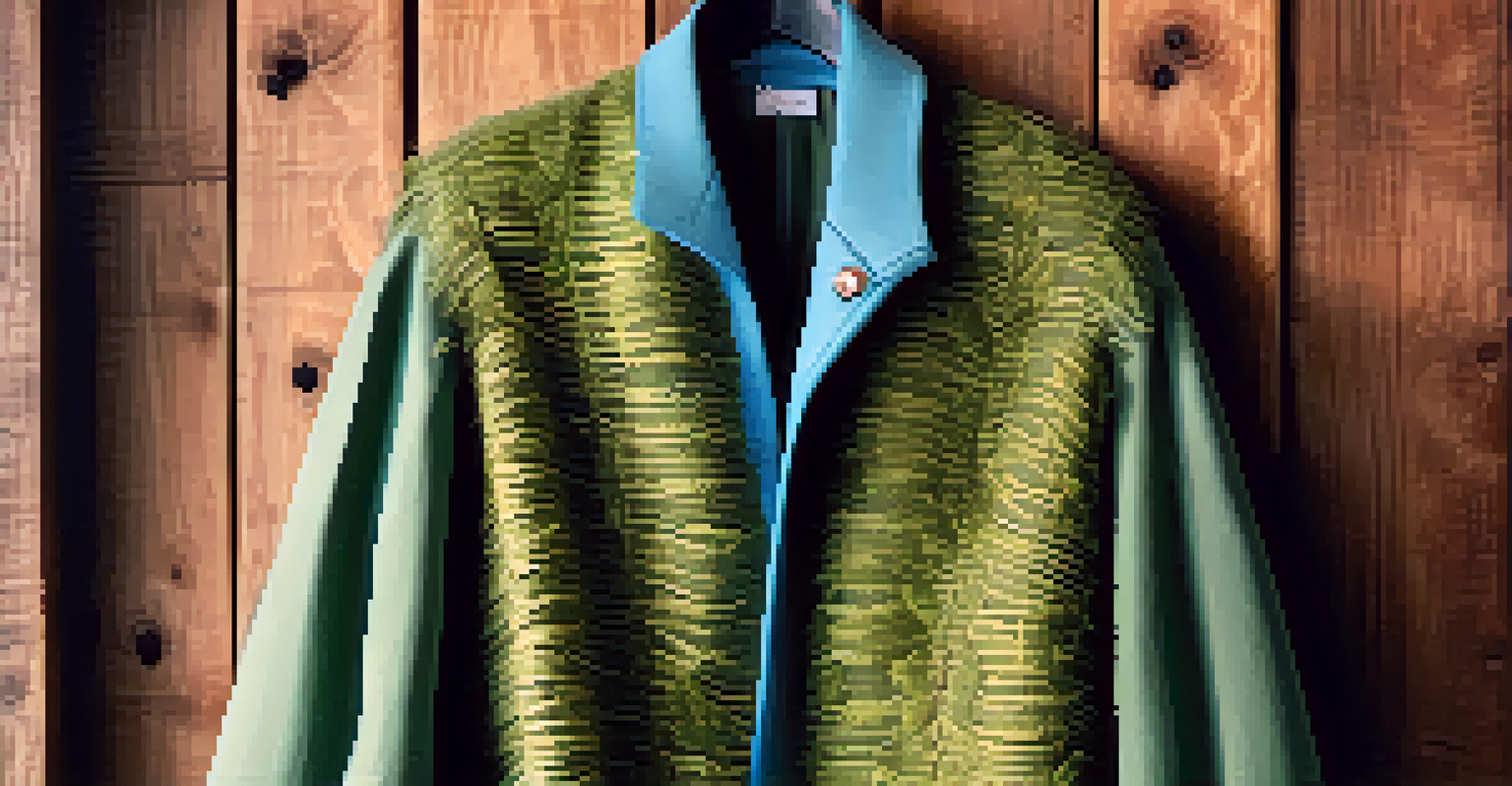 A close-up of a stylish outfit made from recycled materials hanging on a wooden hanger, surrounded by greenery.