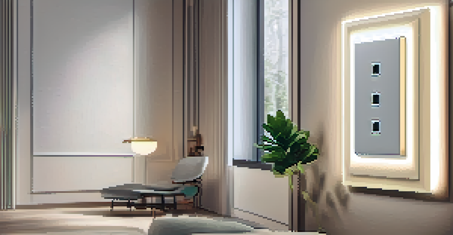 A close-up of a stylish smart light switch on a modern wall, with ambient lighting and decor in the background.