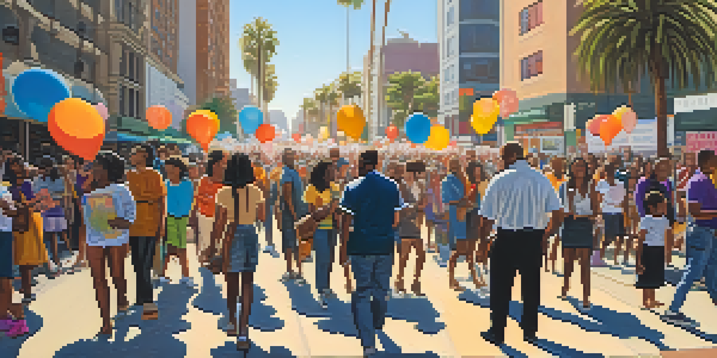 A diverse group of people protesting in Los Angeles, holding colorful signs with social justice messages, against a backdrop of palm trees and city buildings.