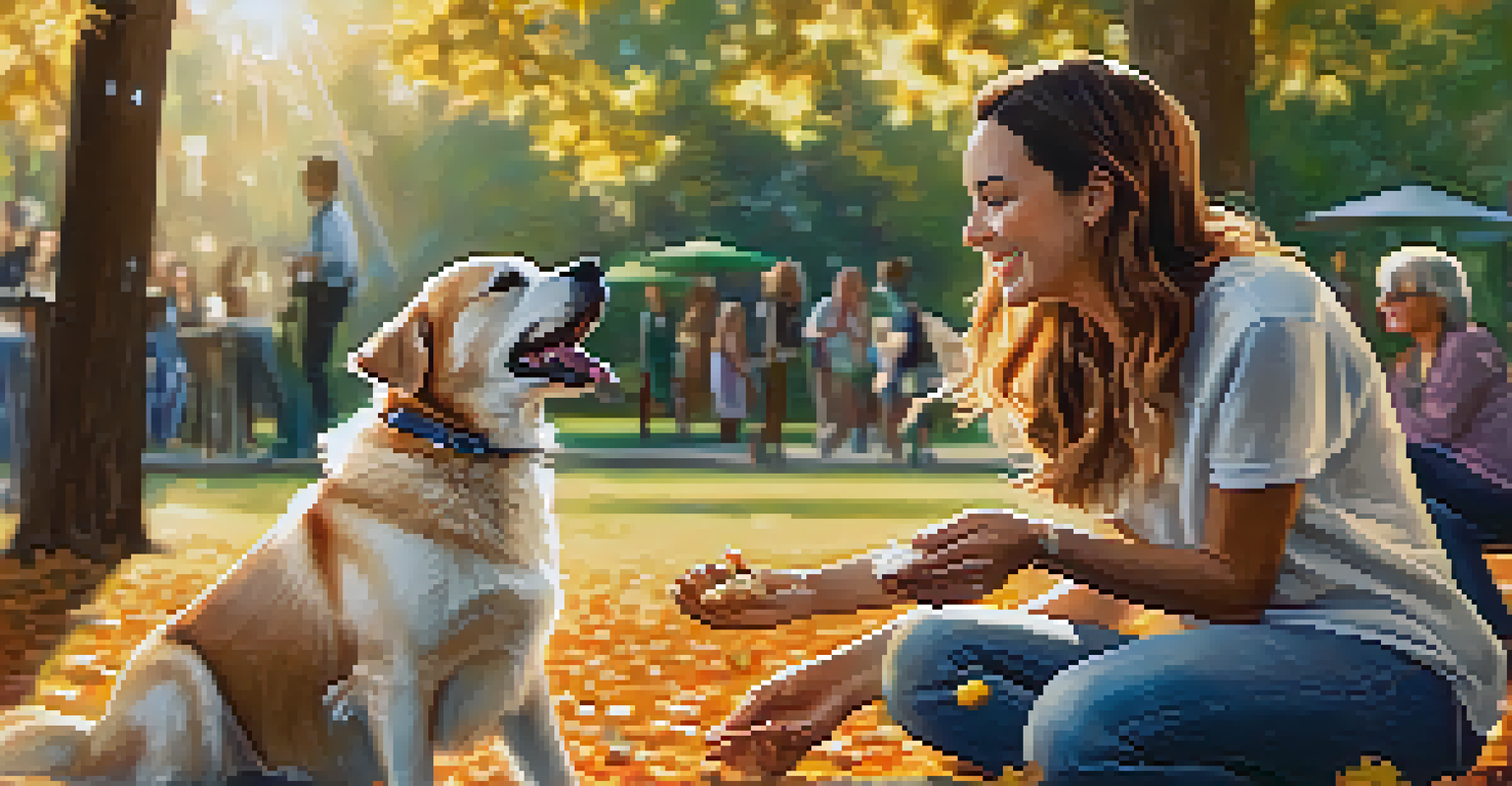 A dog owner kneeling down to pet their excited dog in a community park, with other dogs and people in the background under dappled sunlight.