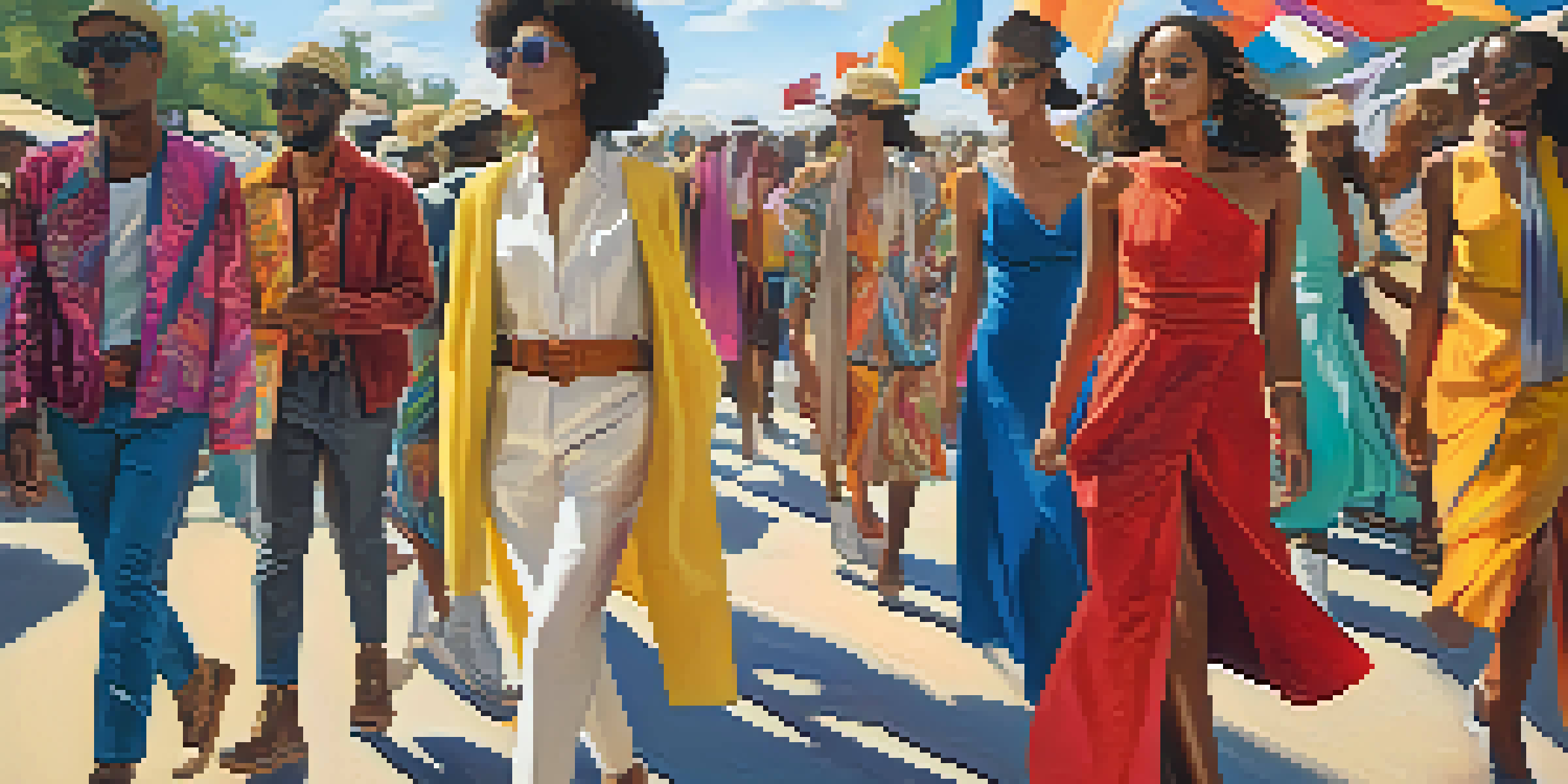 A diverse group of models walking in a fashion event with colorful banners and a bright sunny background.