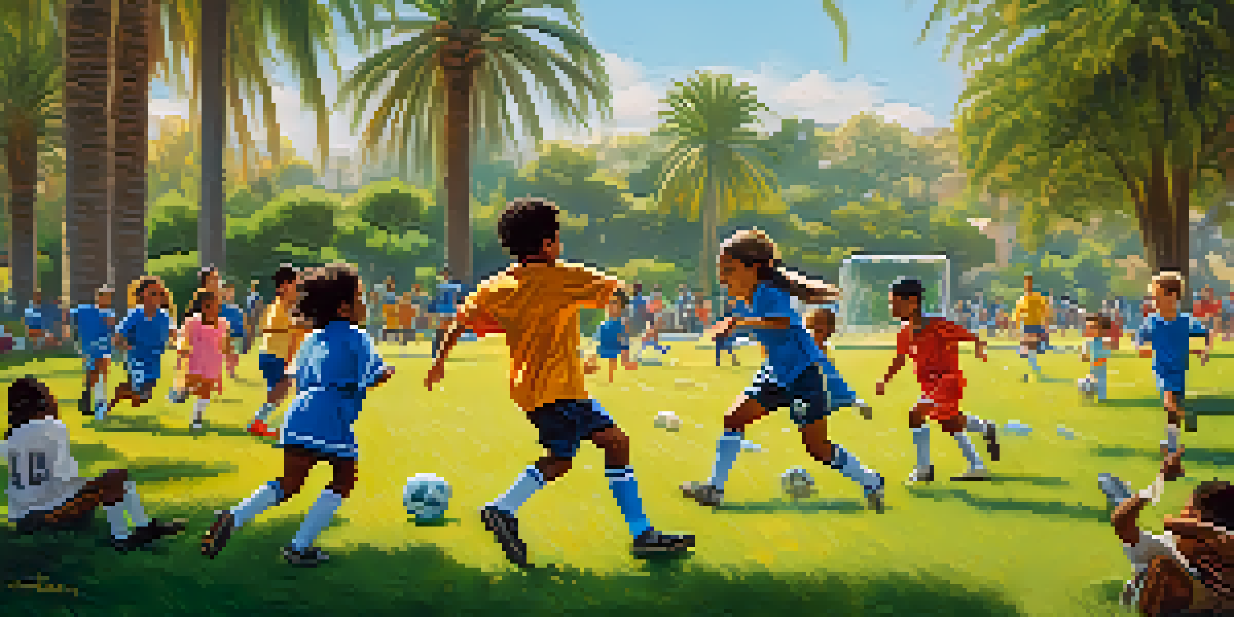 A lively youth soccer game in a park with children from different backgrounds playing together, parents cheering, and palm trees in the background.