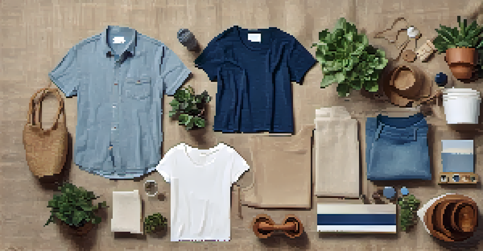 A flat lay of sustainable fashion items including organic cotton t-shirts and recycled denim, arranged with natural elements on a burlap background.