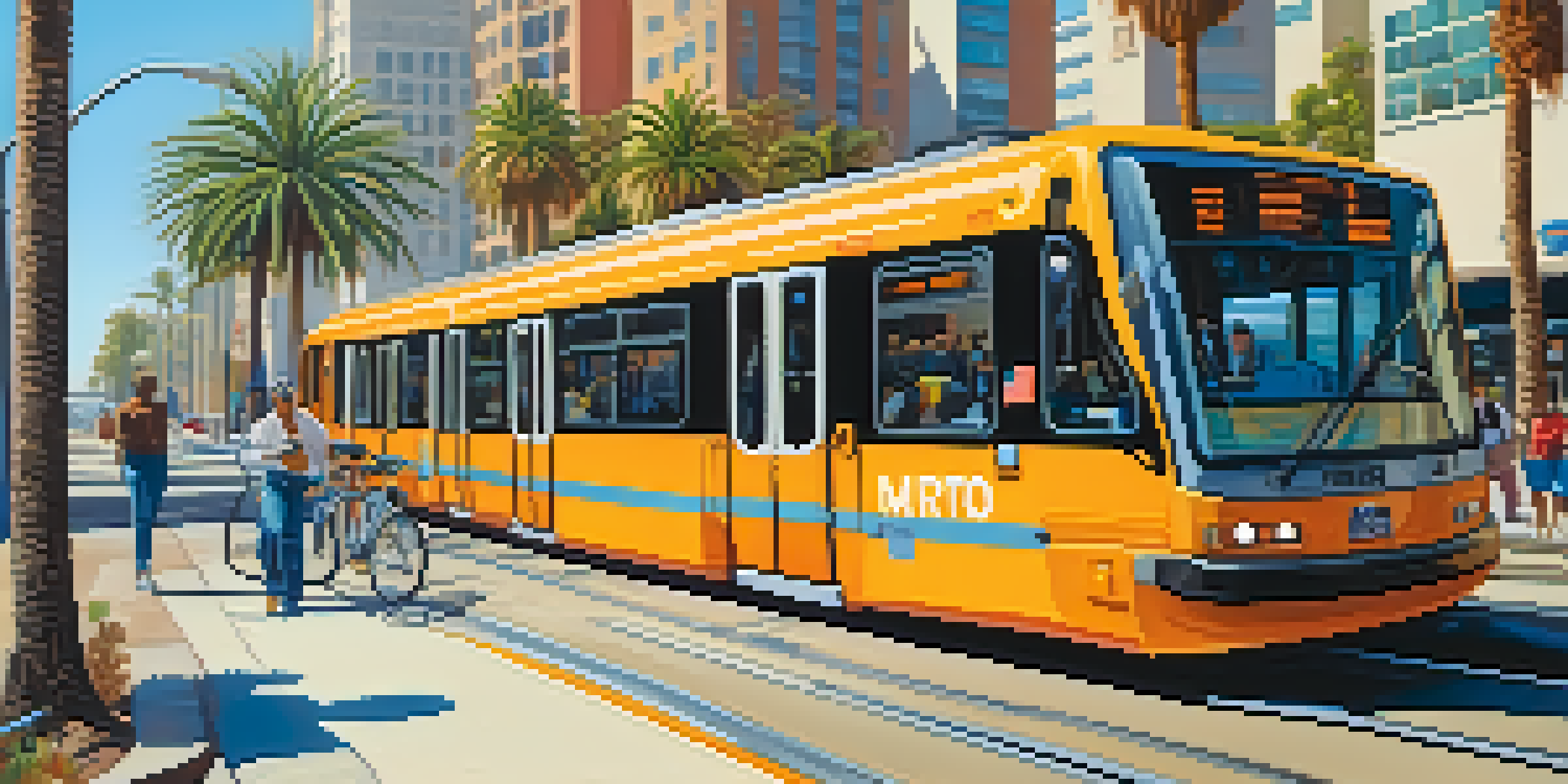A lively urban street in Los Angeles with public transit, cyclists, and pedestrians amidst palm trees and colorful murals.