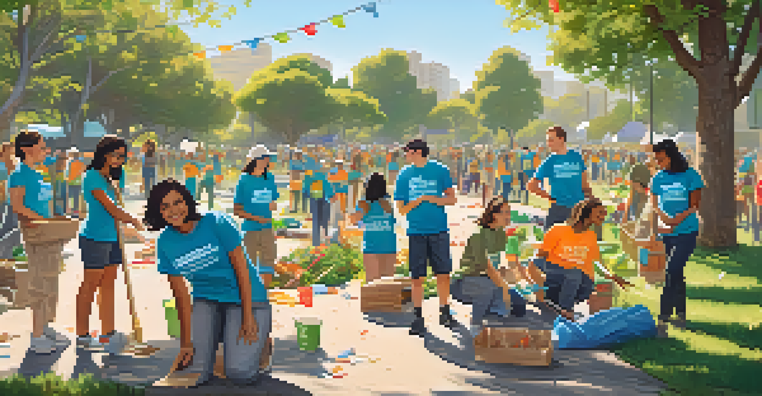 Diverse volunteers participating in a community clean-up event in a park, with banners promoting environmental awareness in the background.