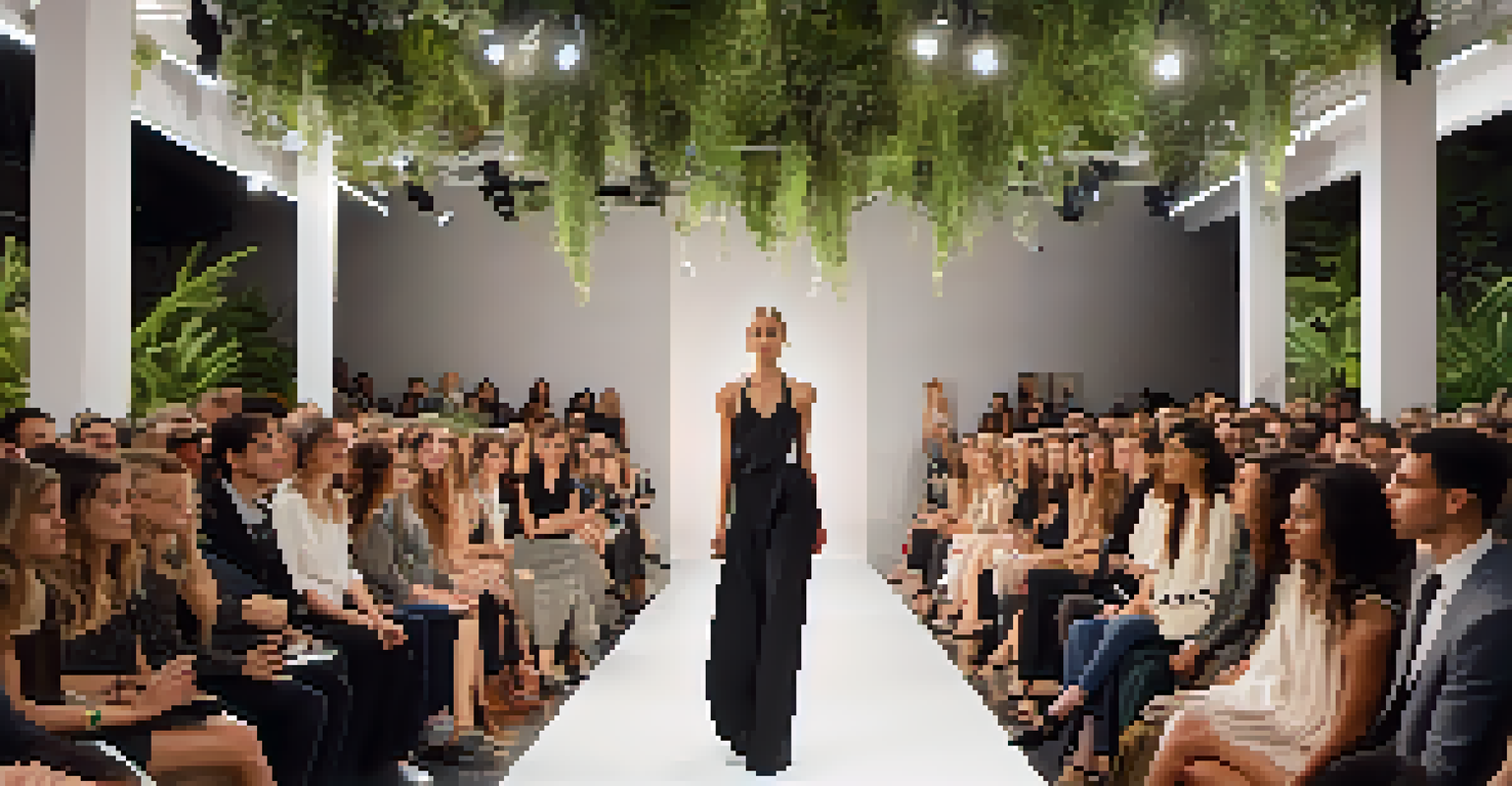 Models showcasing sustainable fashion on the runway in a stylish venue in Los Angeles, surrounded by greenery and artistic decor.