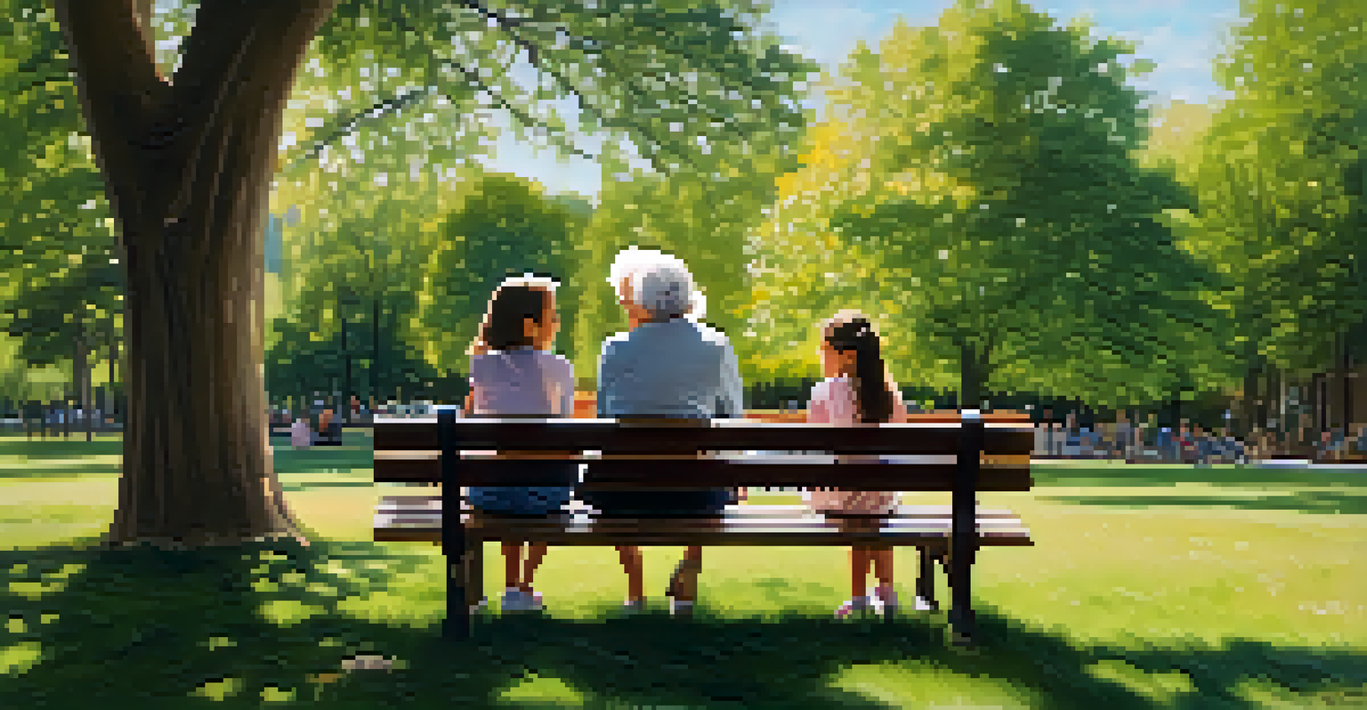 An elderly woman and a young girl sitting on a park bench, enjoying each other's company in a vibrant park.