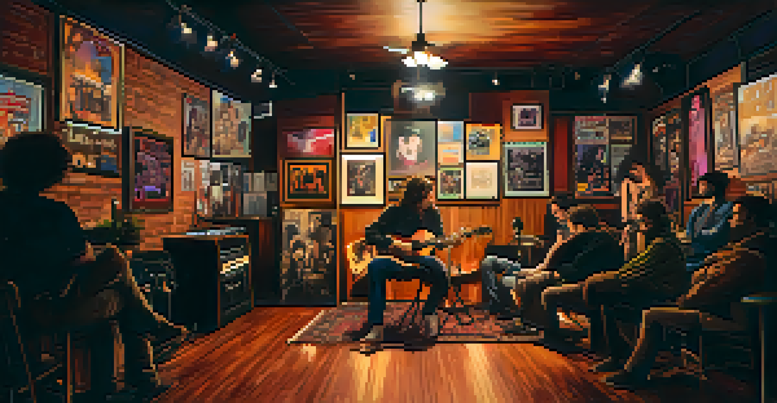 A cozy indie music venue in Los Angeles, featuring a solo artist performing on stage with an engaged audience and posters of iconic bands on the walls.