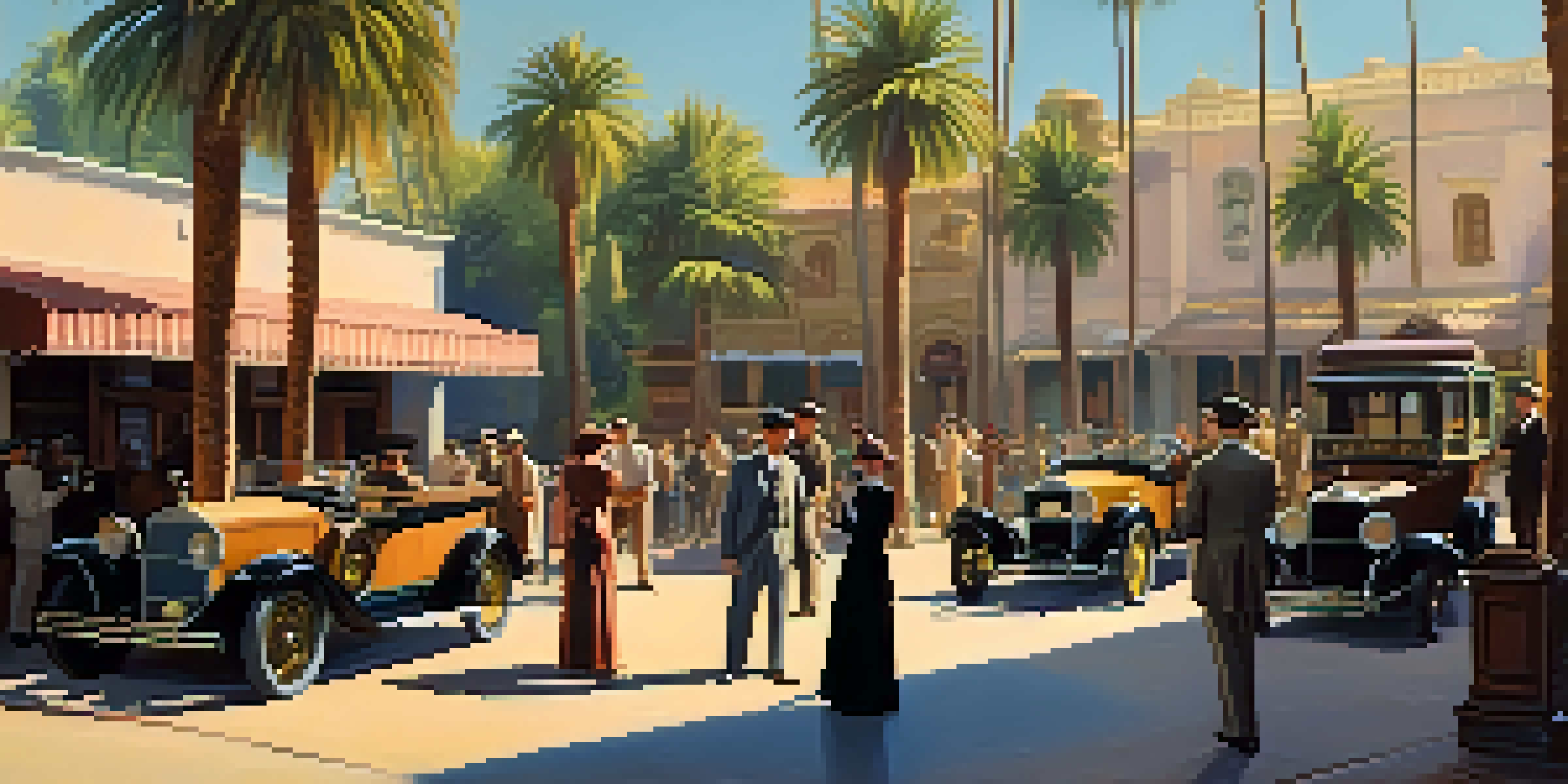 A vintage Hollywood film set from the 1920s, showing actors in costumes and crew working with cameras under warm sunlight.