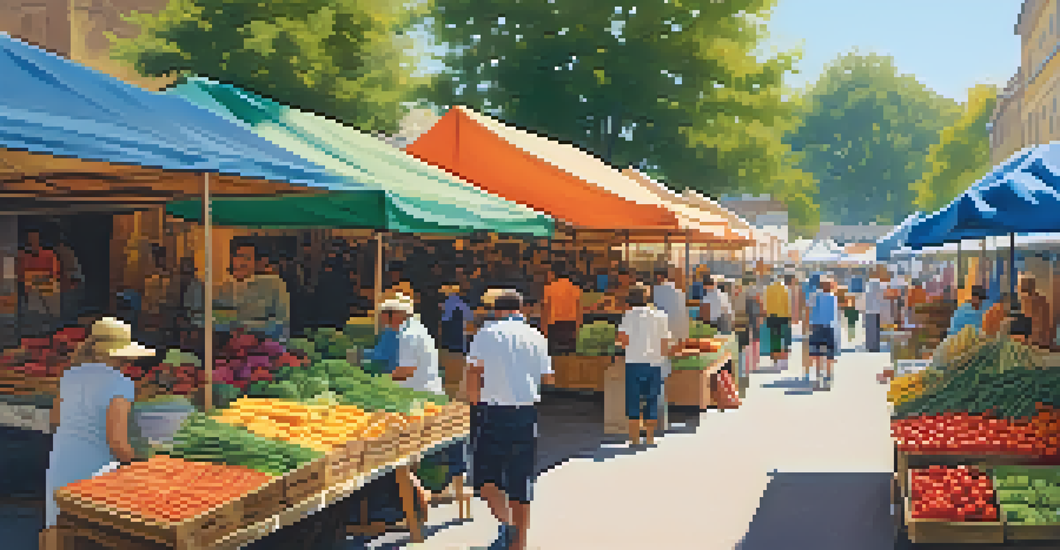 A lively outdoor market with local vendors selling produce and crafts, filled with diverse customers enjoying the vibrant atmosphere under colorful tents.