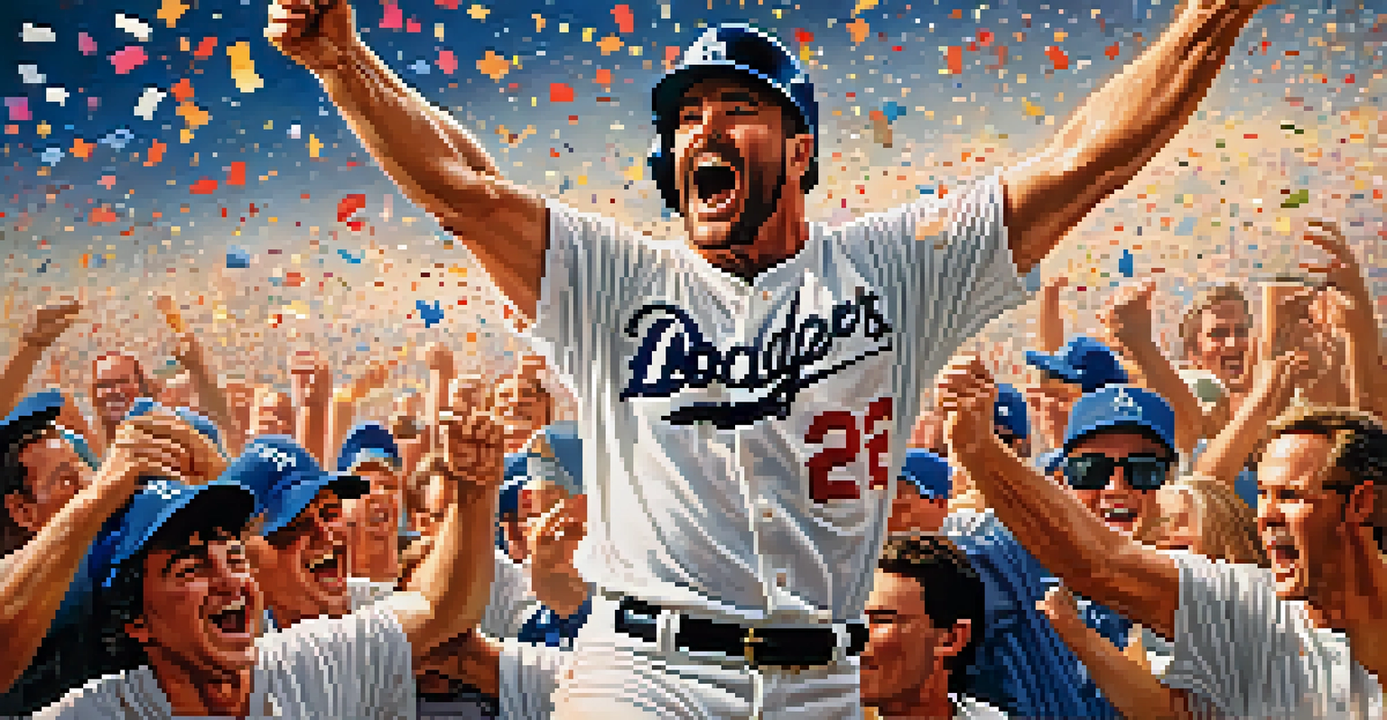 Kirk Gibson celebrating after hitting a walk-off home run during the 1988 World Series, with a cheering crowd and confetti in the background.