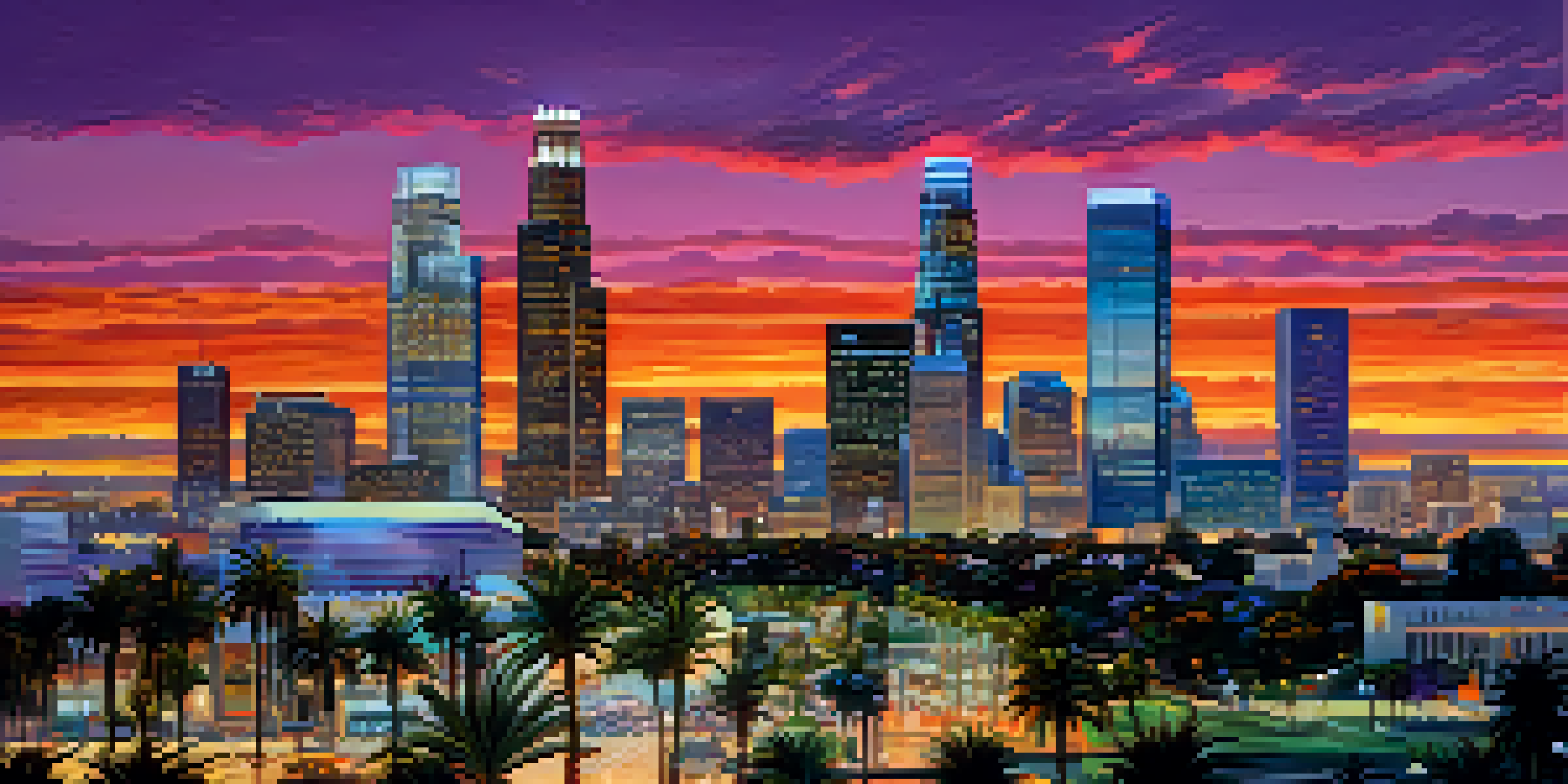 A scenic sunset view of the Los Angeles skyline showing high-rise buildings with colorful reflections.