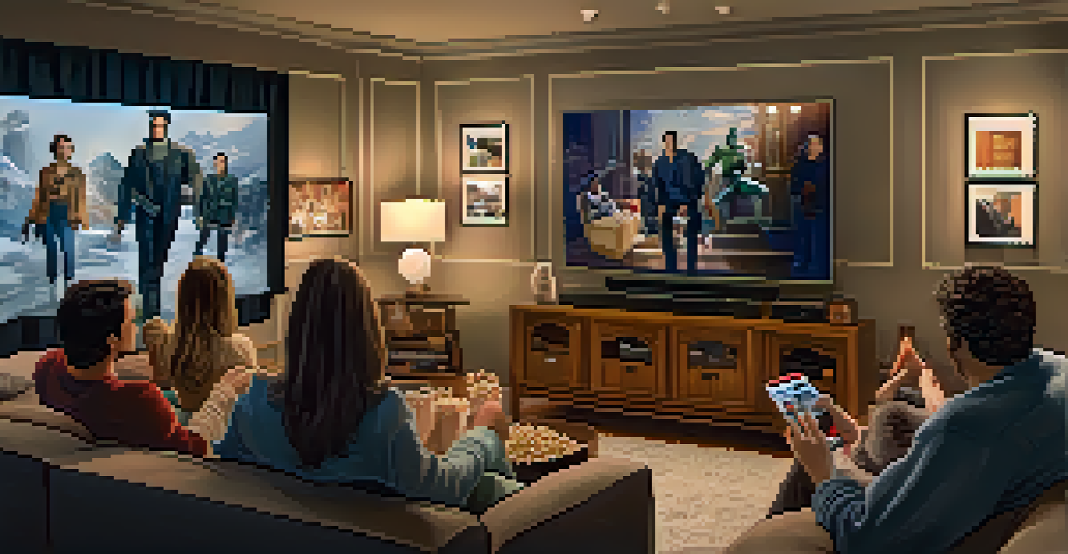 A cozy living room with friends watching a blockbuster movie, surrounded by popcorn and decorated with Hollywood star photos.