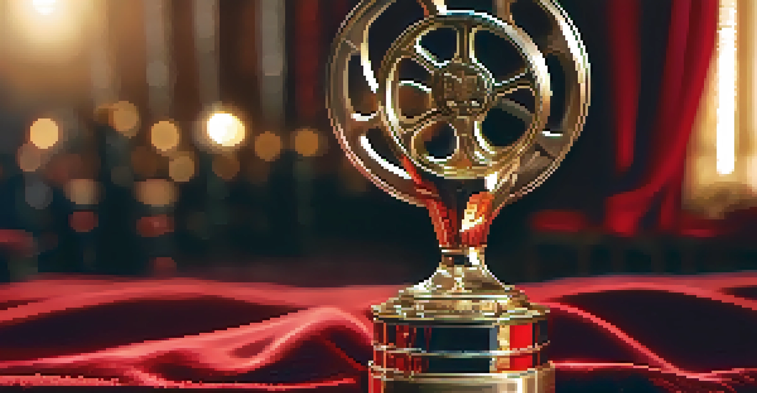 A close-up of a shiny film award trophy on a velvet cushion, with a blurred background of film reels and a red carpet.