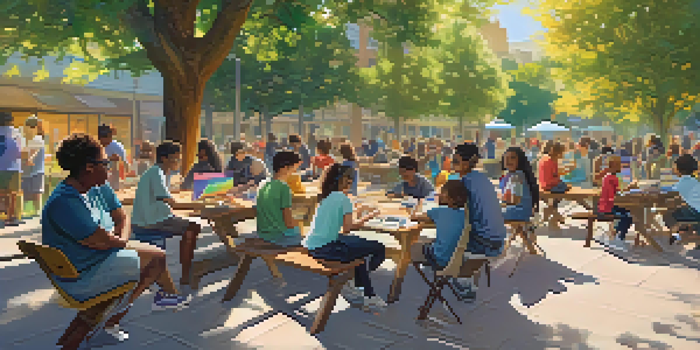 A community tech workshop with diverse participants engaging in coding activities outdoors, surrounded by trees and sunlight.