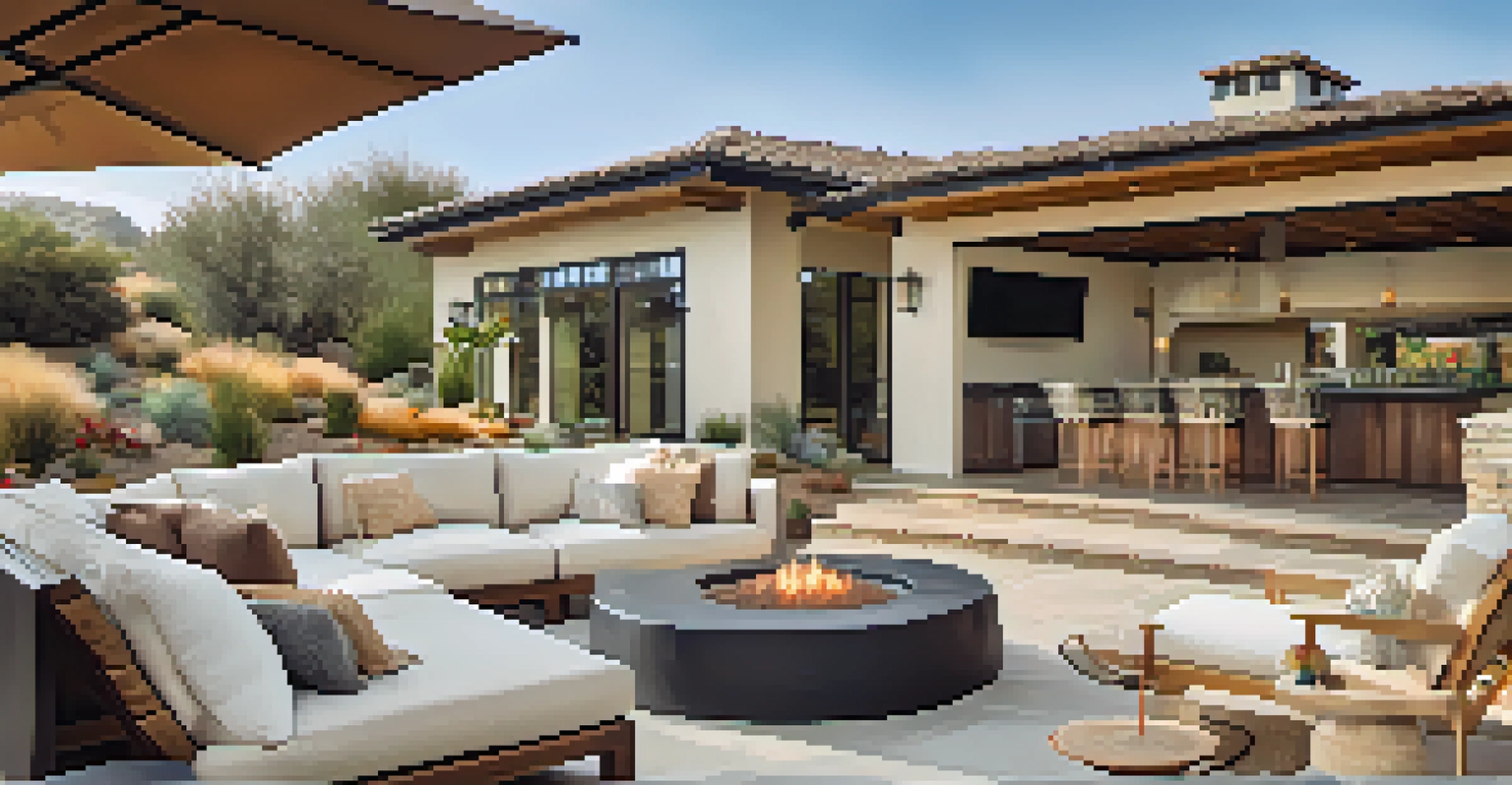 An outdoor living area with lounge chairs and a kitchen, surrounded by colorful plants and flowers, under a clear blue sky.