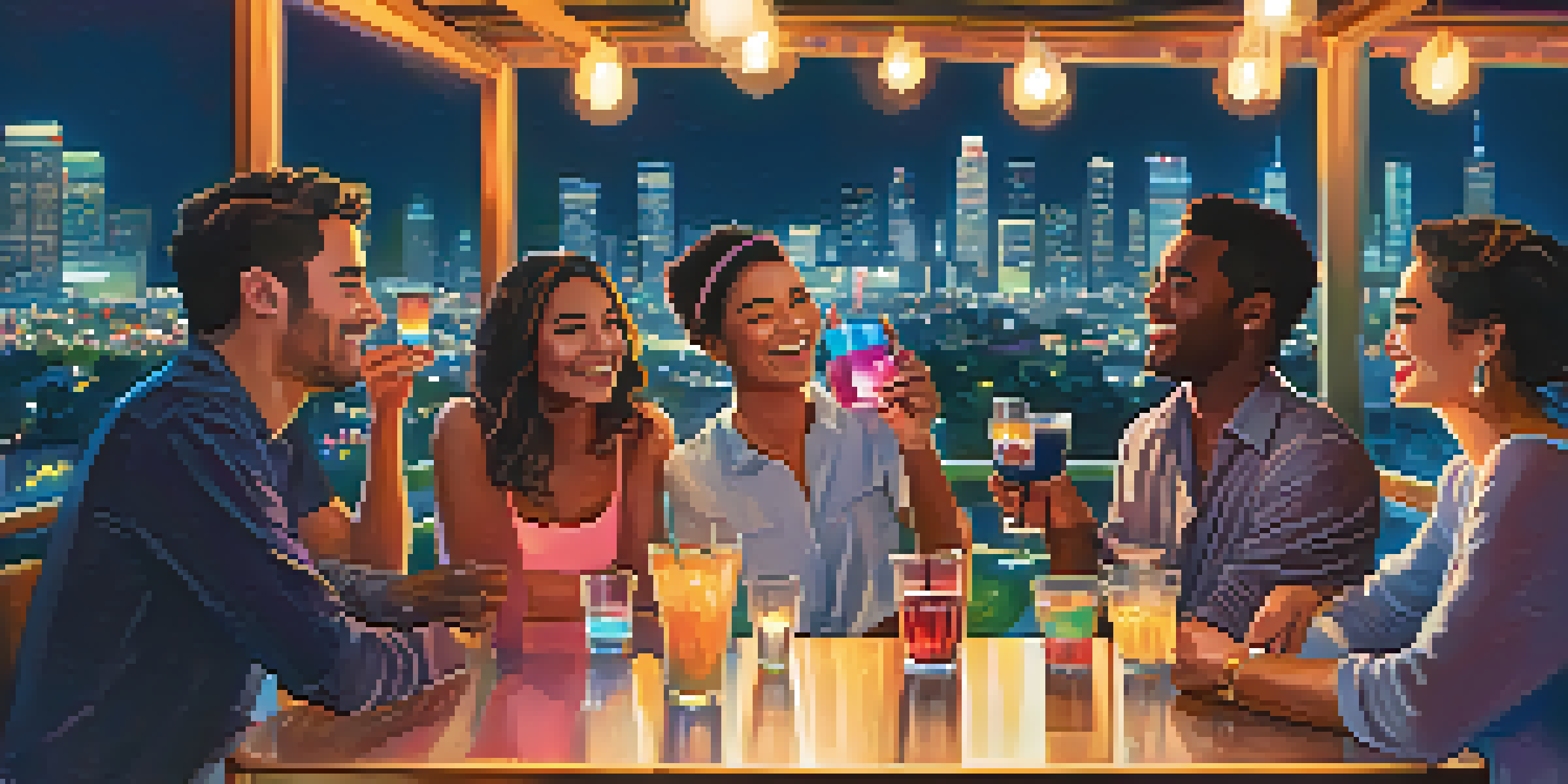 A lively rooftop bar in Los Angeles at night, featuring colorful cocktails and a group of friends enjoying the vibrant atmosphere.