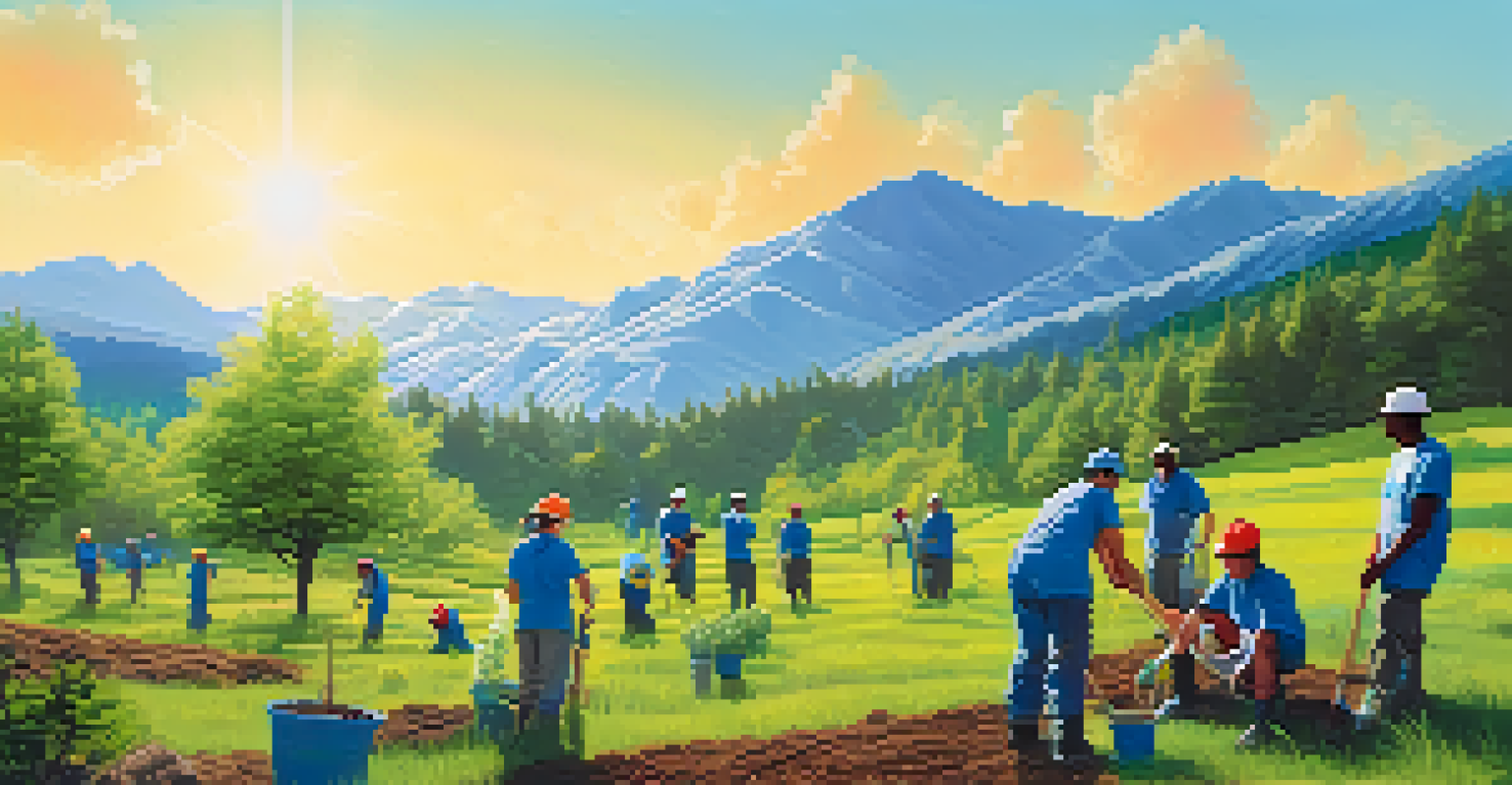 Volunteers and local community members planting trees together in a lush landscape, with mountains in the background and a bright blue sky.
