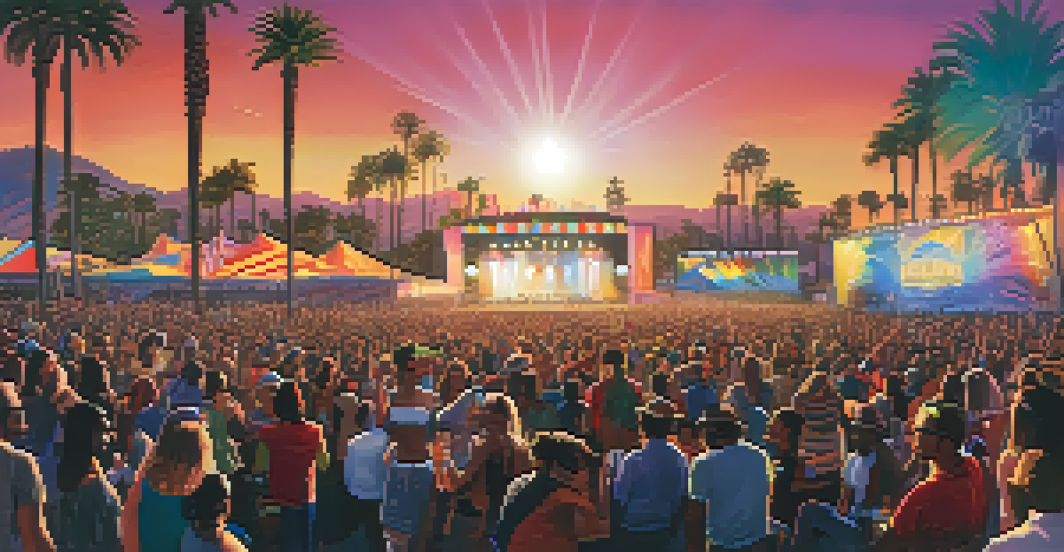 A scene from a music festival in Los Angeles featuring a diverse crowd, artists performing on stage with colorful lights, and palm trees against a sunset backdrop.