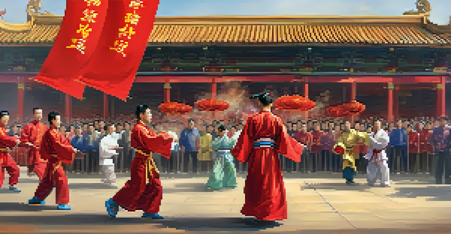 A martial arts demonstration during Chinese New Year celebrations, with an enthusiastic crowd watching the skilled performer in traditional clothing.