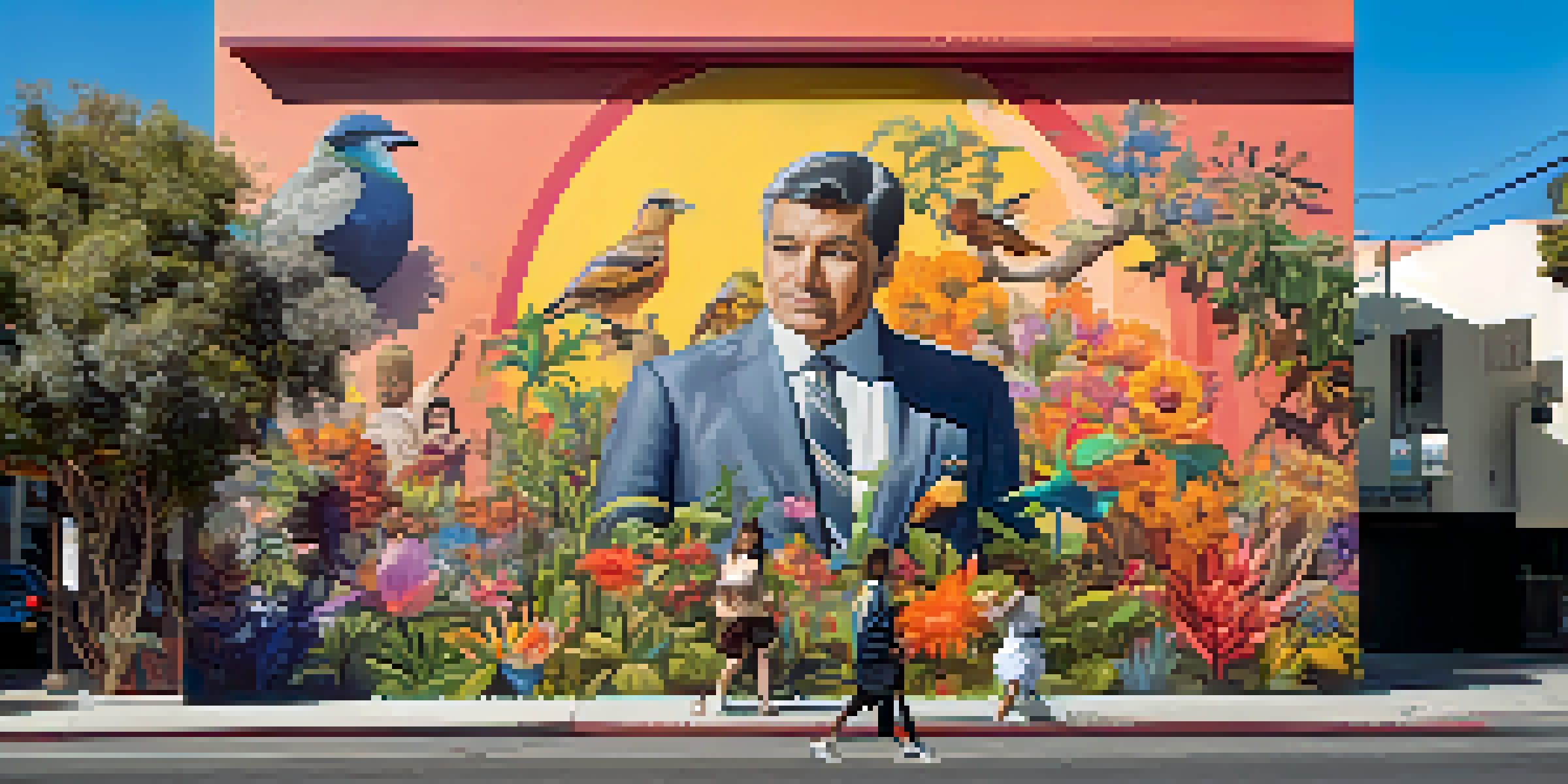 A colorful street mural in Los Angeles showing a historical figure with plants and flowers, illuminated by sunlight.