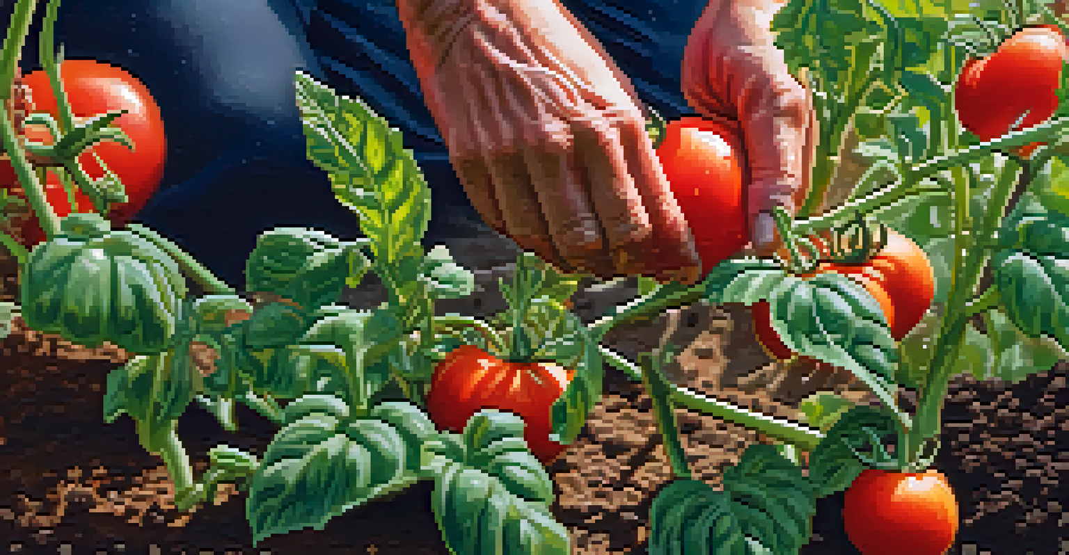 A close-up of hands caring for a tomato plant in a community garden, surrounded by vibrant flowers and plants.
