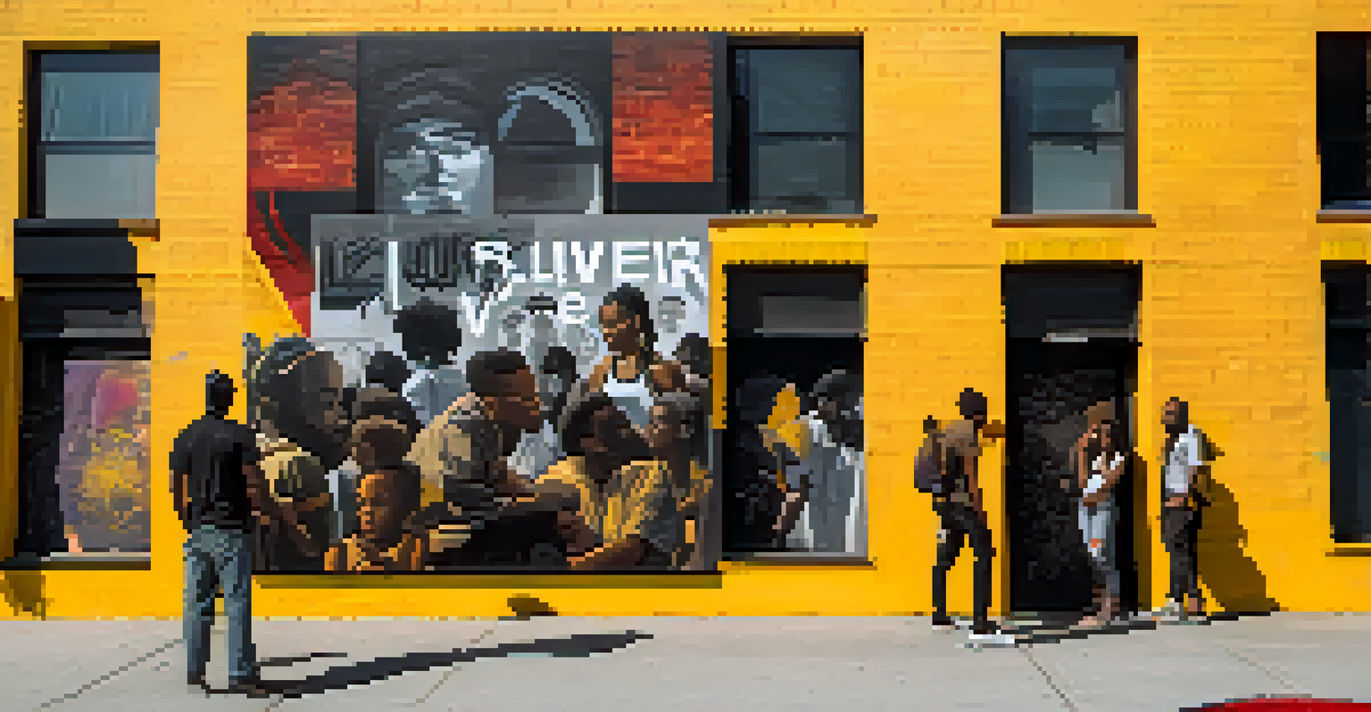 A large 'Black Lives Matter' mural on a brick wall in Los Angeles, with people observing and a musician in the background.