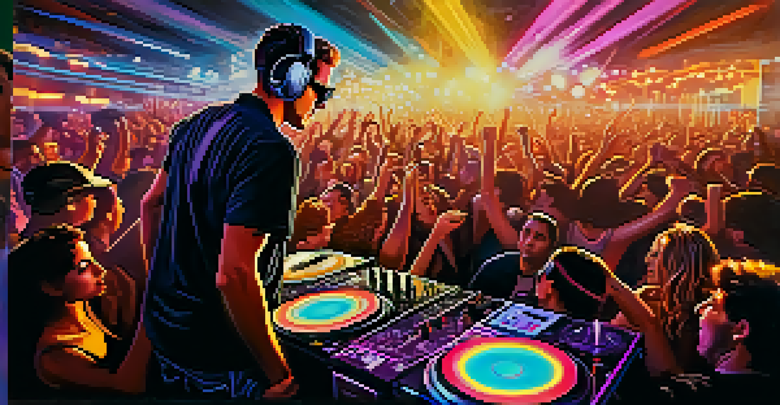 A close-up view of a DJ performing at a club in Los Angeles, with vibrant lights and an energetic crowd dancing around.