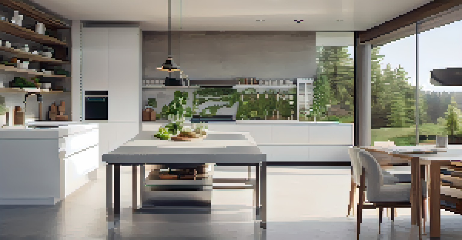 A minimalist kitchen with polished concrete countertops, white cabinetry, and large sliding glass doors connecting to an outdoor patio.
