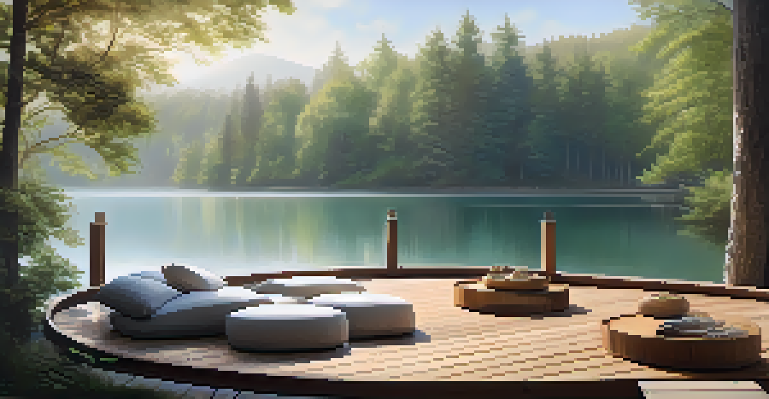 An outdoor meditation area with cushions on a deck by a lake, surrounded by trees and morning mist.