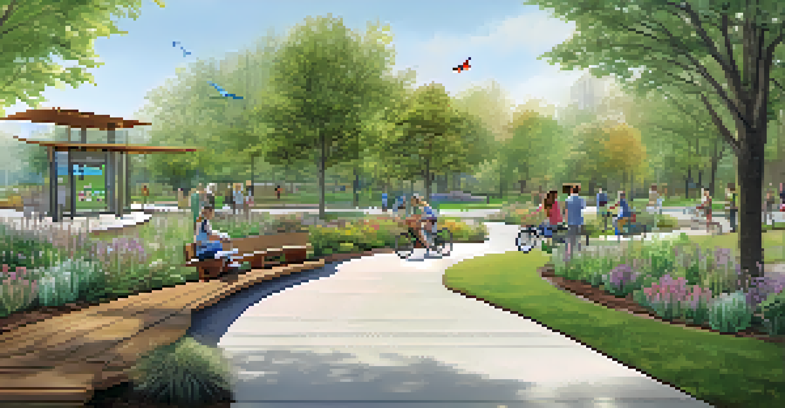 An eco-friendly park with biking paths, rain gardens, and solar-powered benches surrounded by nature.