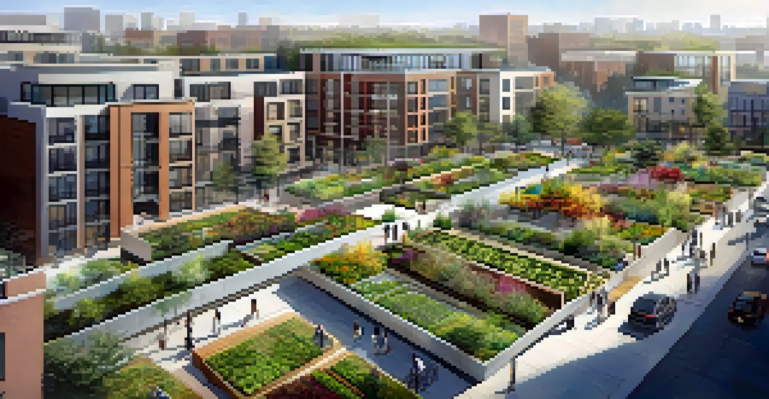 An aerial perspective of a mixed-use development with shopping, dining, and residential spaces, featuring rooftop gardens and solar panels.