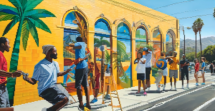 A colorful mural in Los Angeles showing people from different backgrounds participating in artistic endeavors, with a sunny urban landscape in the background.