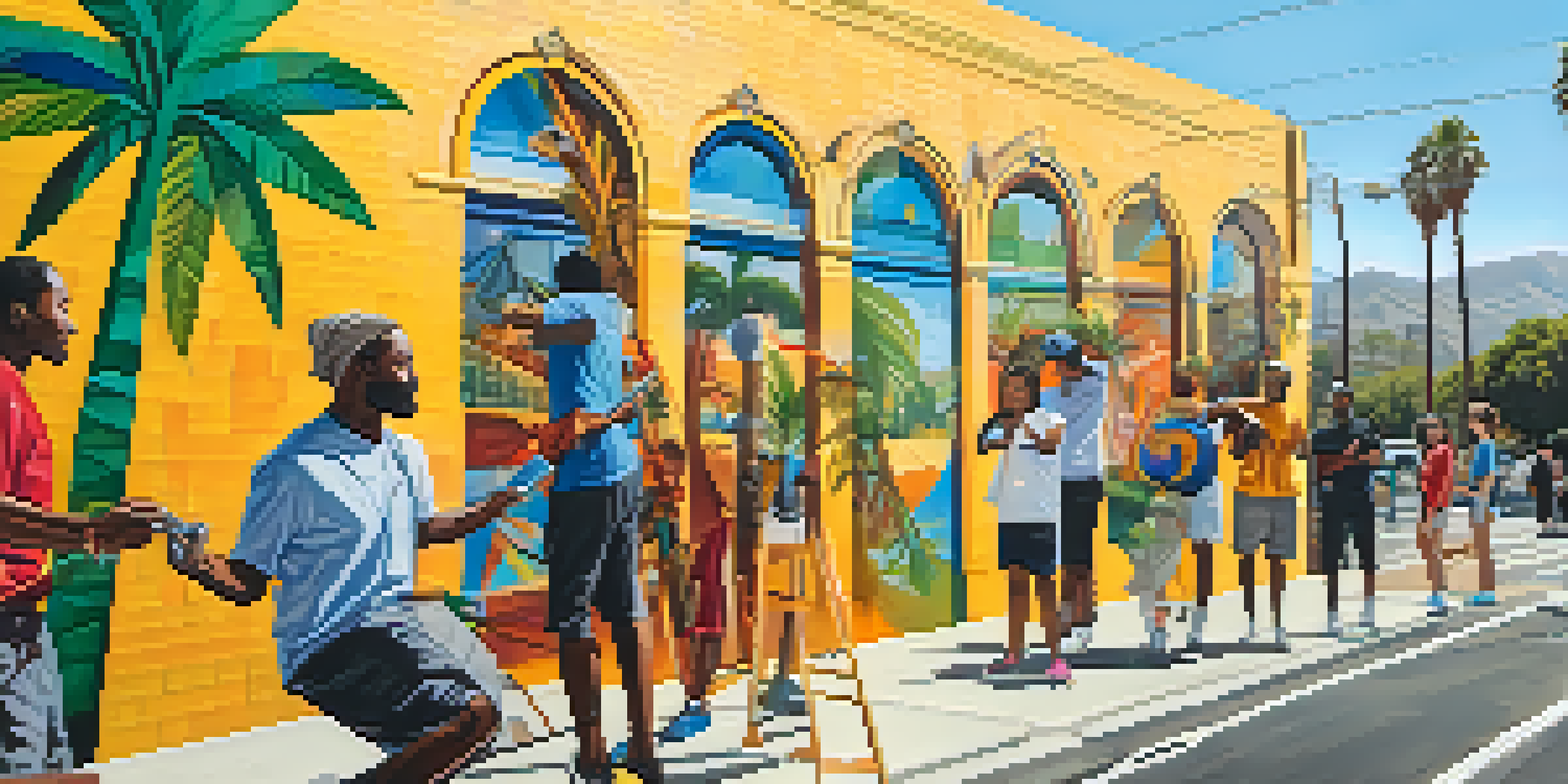 A colorful mural in Los Angeles showing people from different backgrounds participating in artistic endeavors, with a sunny urban landscape in the background.