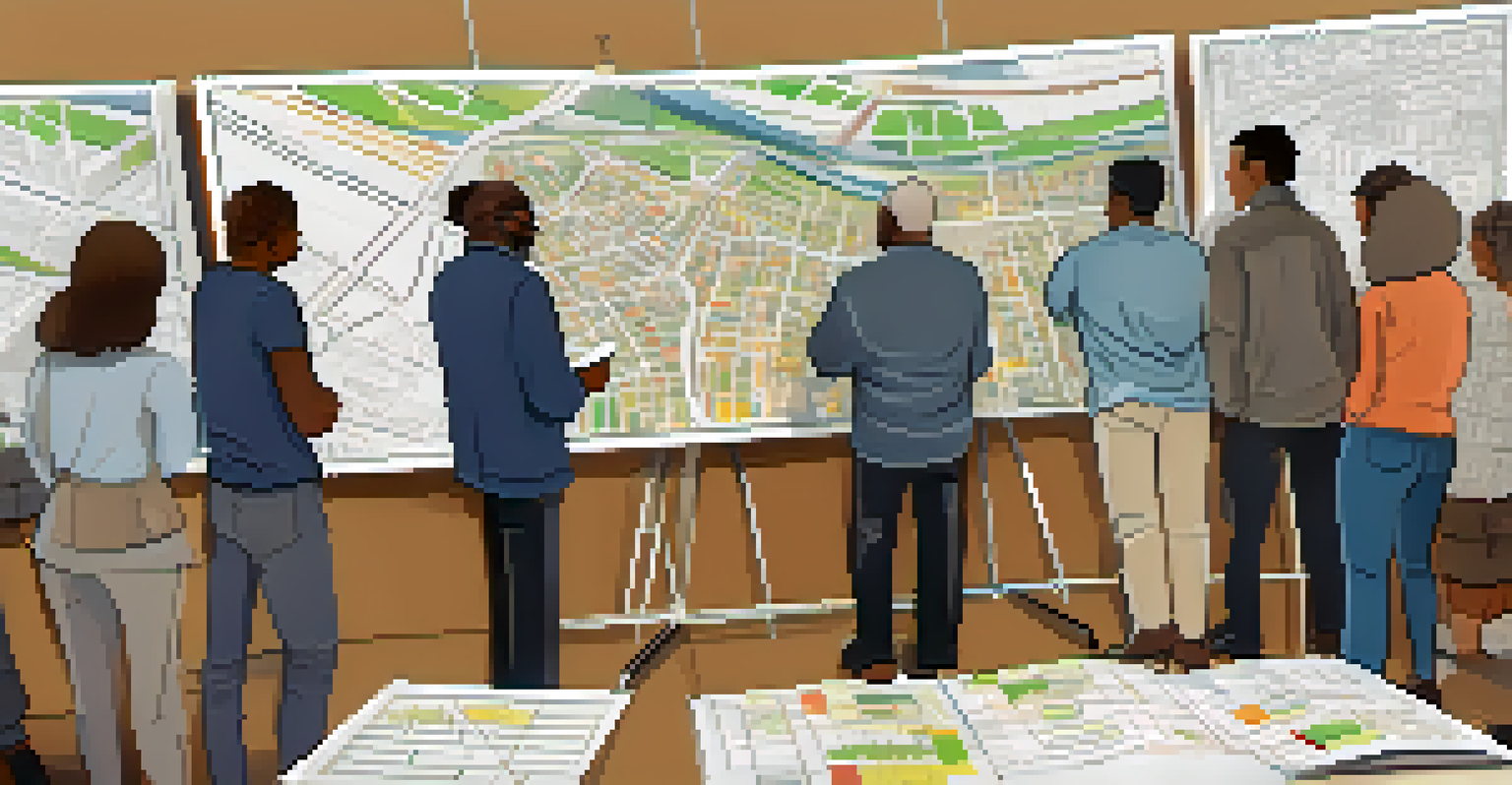 A community workshop with diverse individuals discussing urban transport planning, surrounded by maps and collaborative materials.
