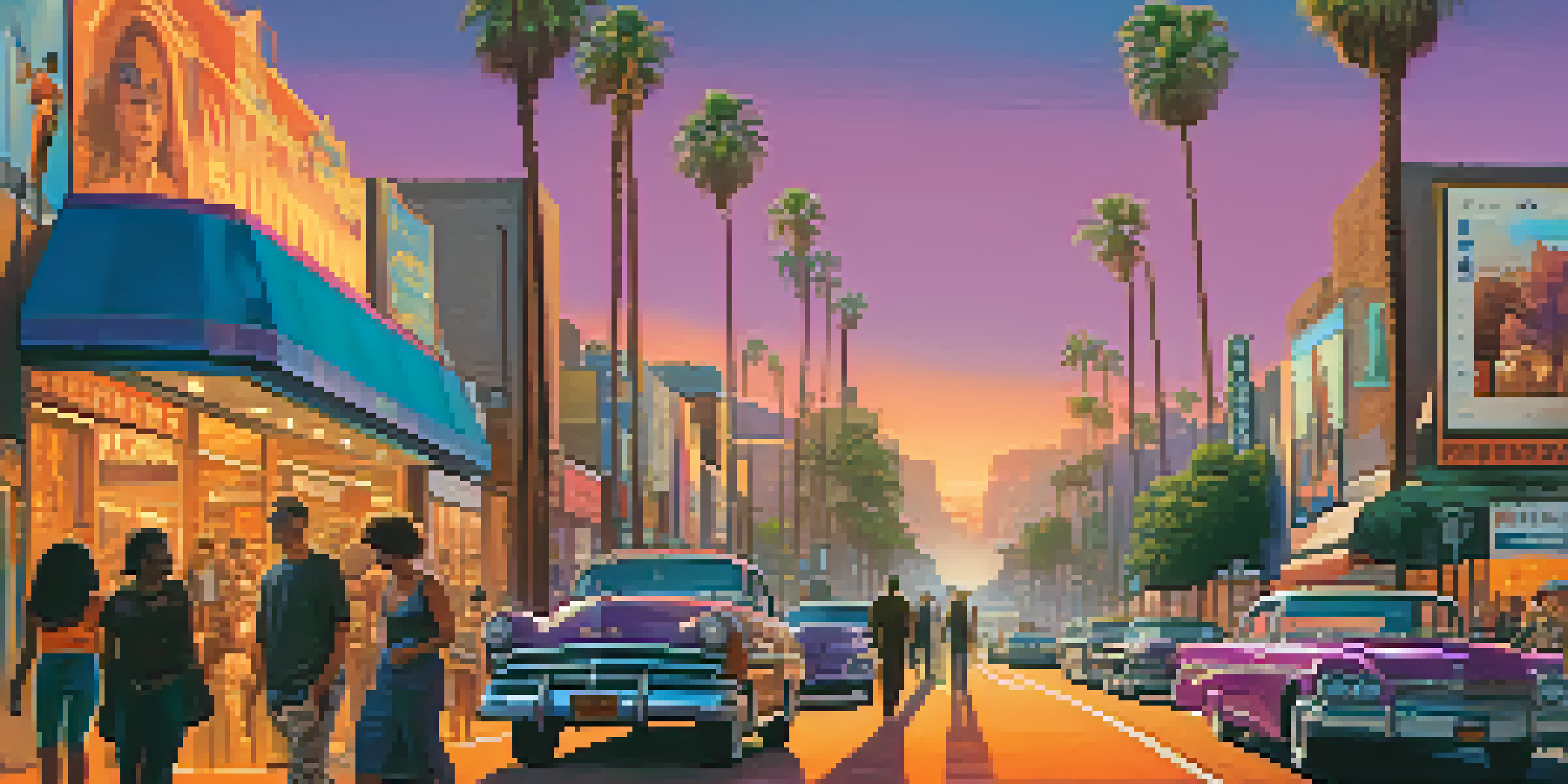 A vibrant Hollywood street scene during sunset with the Hollywood sign, palm trees, and diverse people enjoying the atmosphere.