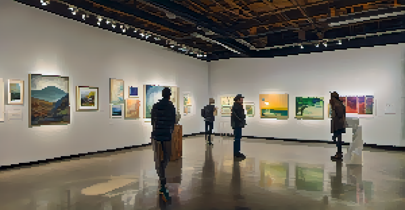 A vibrant local art exhibition featuring diverse artworks from an art collective, with visitors admiring the pieces and engaging in discussions.