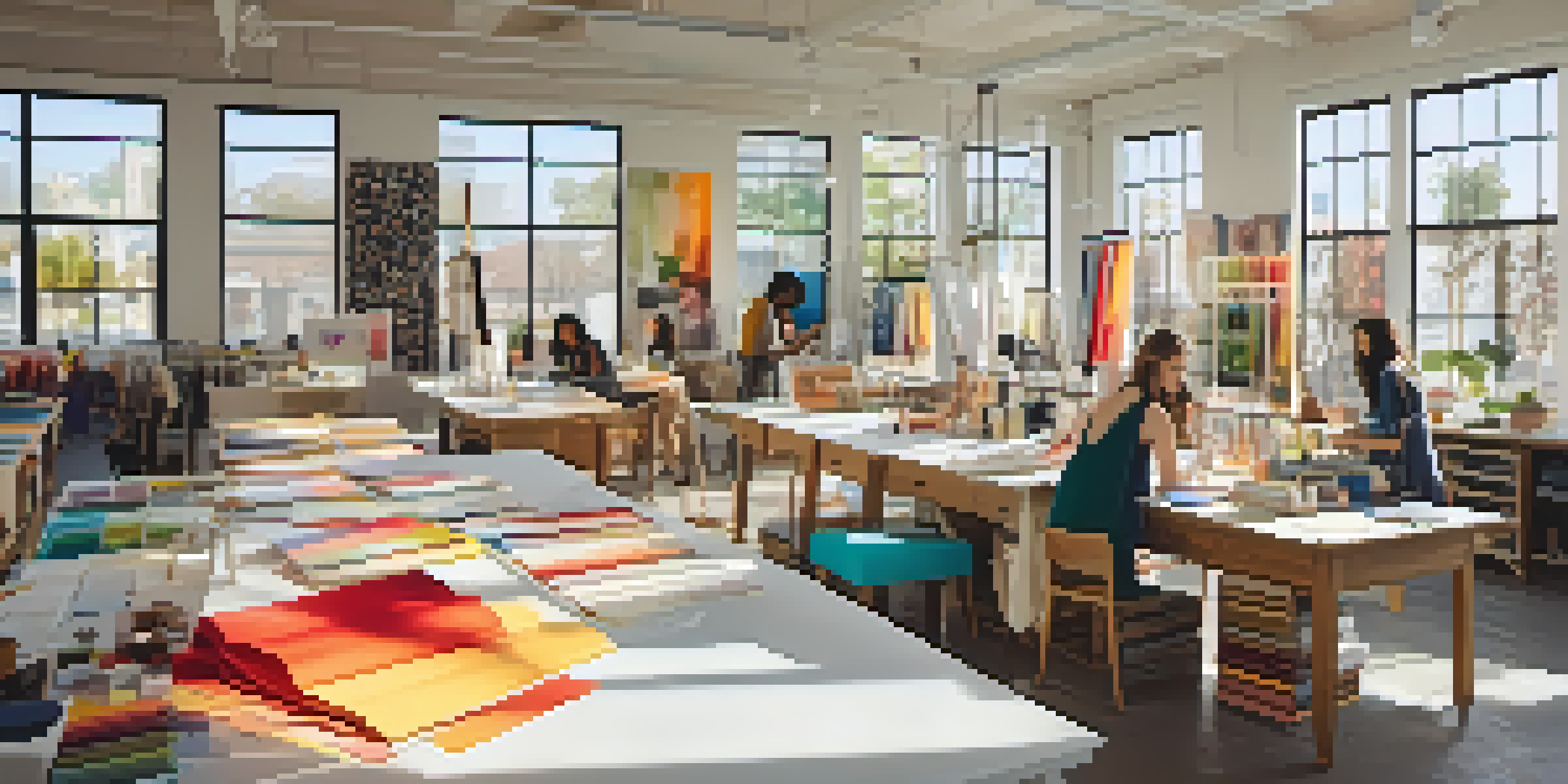 A bustling fashion design studio in Los Angeles with students collaborating on creative projects amidst colorful fabrics and design tools under natural light.
