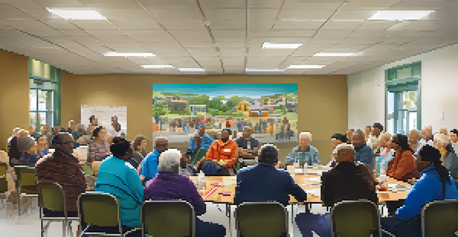 A group of diverse residents engaged in a discussion about neighborhood changes in a warmly lit community center.
