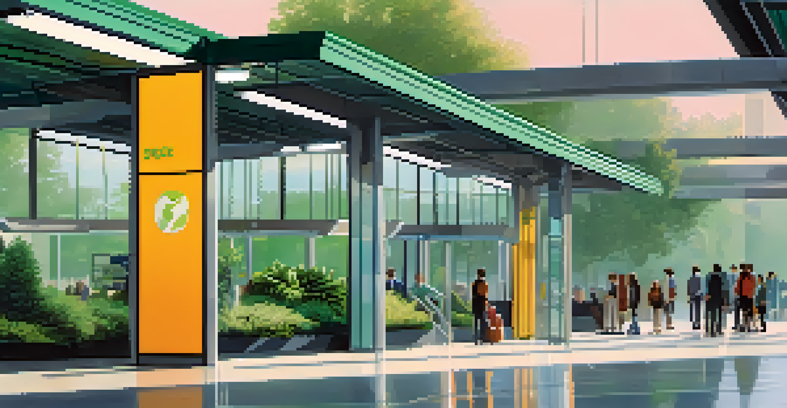 A peaceful public transit station with commuters waiting for electric buses, featuring green architecture and plants.
