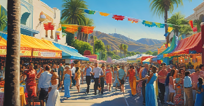 A lively street scene in Los Angeles during a cultural festival, with diverse people, colorful decorations, and palm trees in the background.
