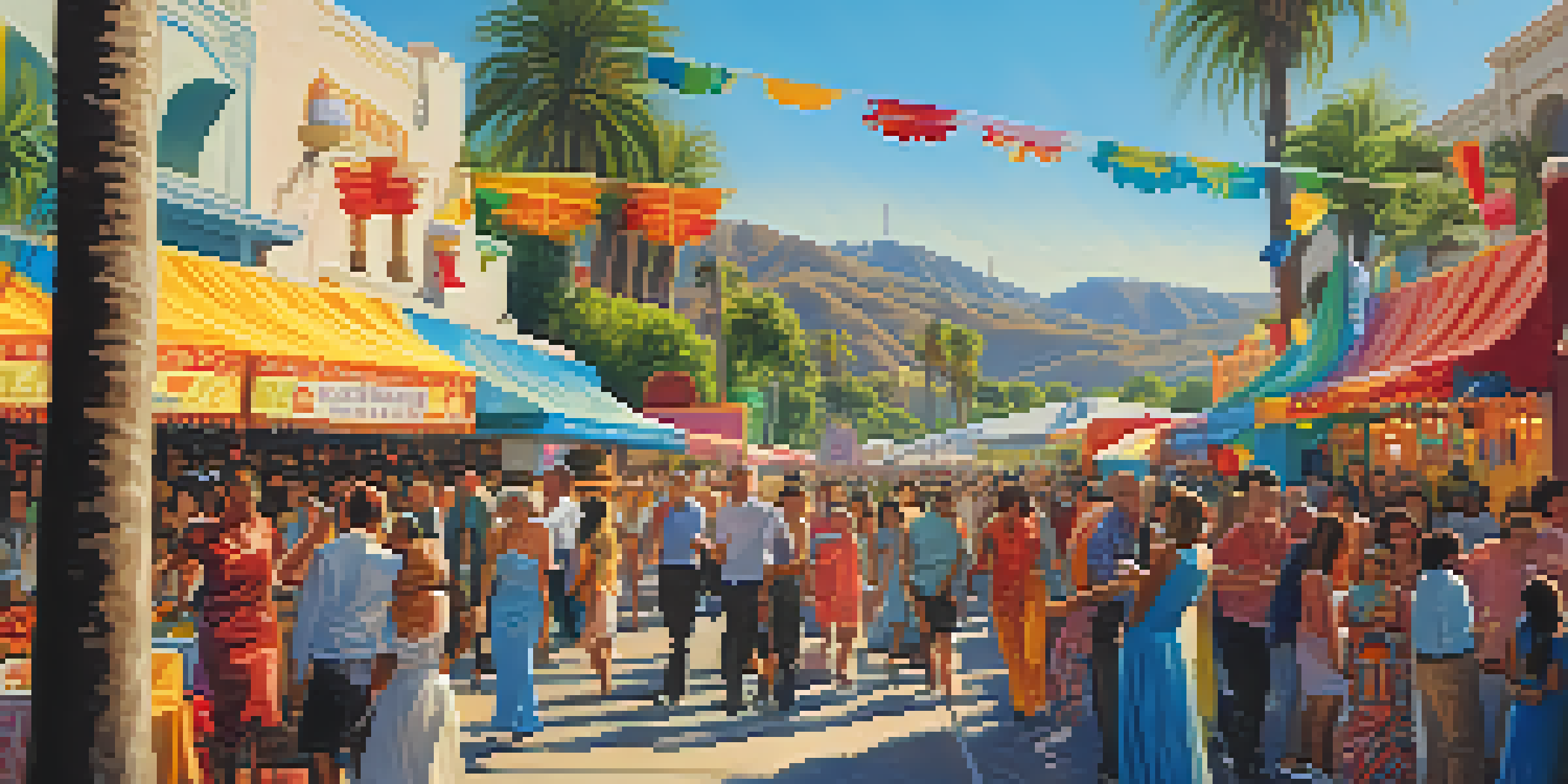 A lively street scene in Los Angeles during a cultural festival, with diverse people, colorful decorations, and palm trees in the background.