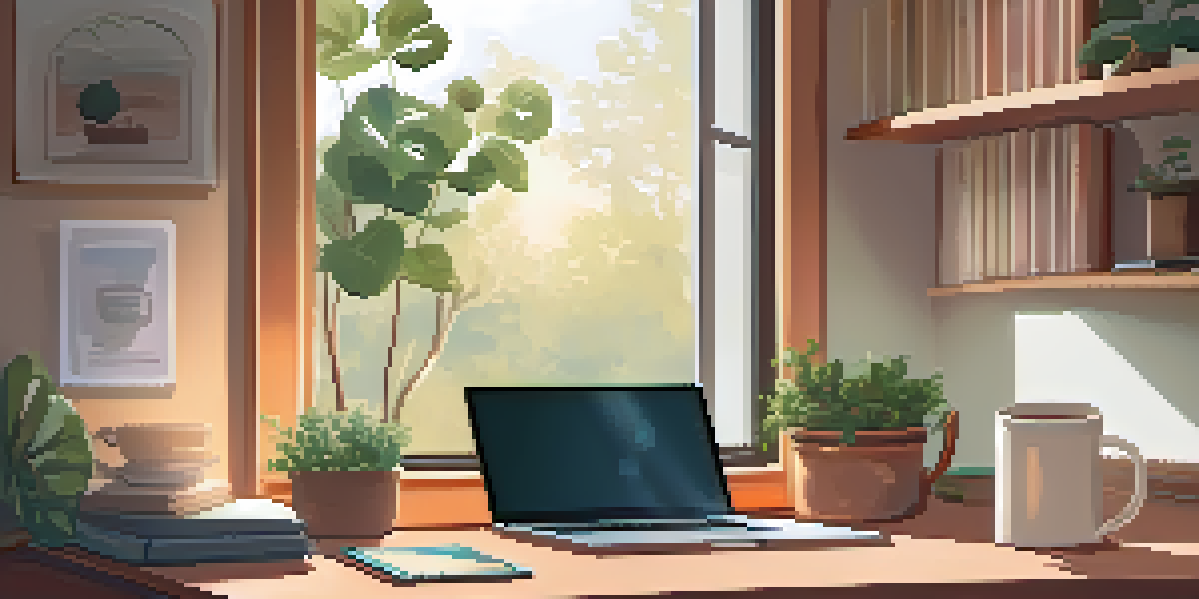 A peaceful home office with a laptop showing a mindfulness app, a potted plant, and a cup of tea, all bathed in warm sunlight.