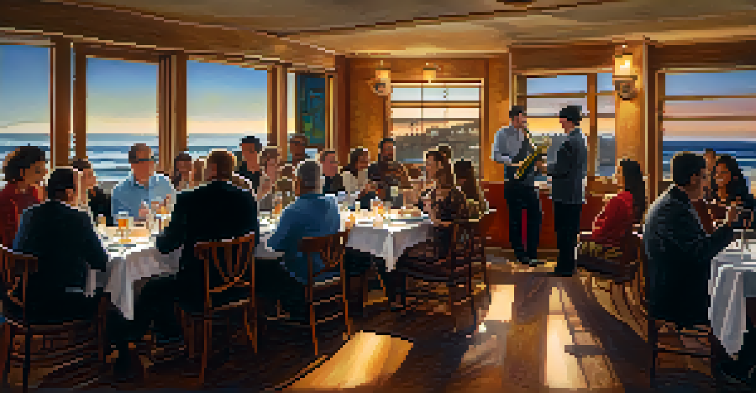 A cozy jazz café setting with a musician playing saxophone on stage and patrons enjoying their meals, highlighting the intimate atmosphere of the Lighthouse Café.