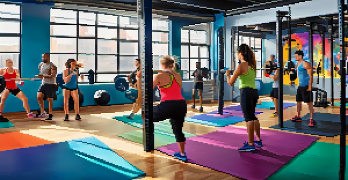 A diverse group of people working out in a lively CrossFit gym, showcasing camaraderie and high-intensity training.