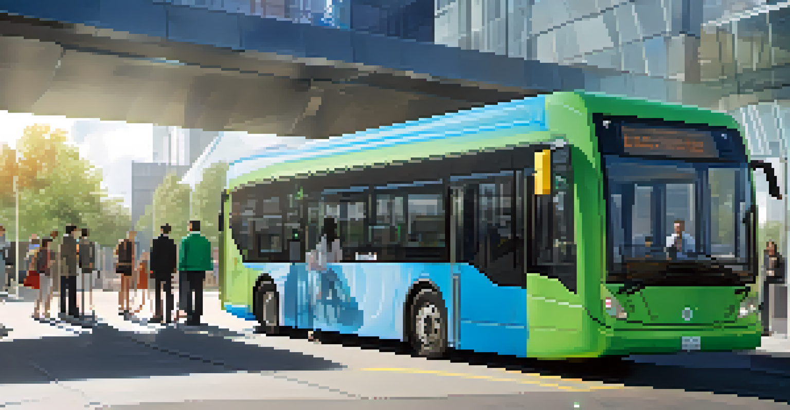 A modern electric bus charging at a transit station with passengers waiting, surrounded by solar panels and a bright sky.